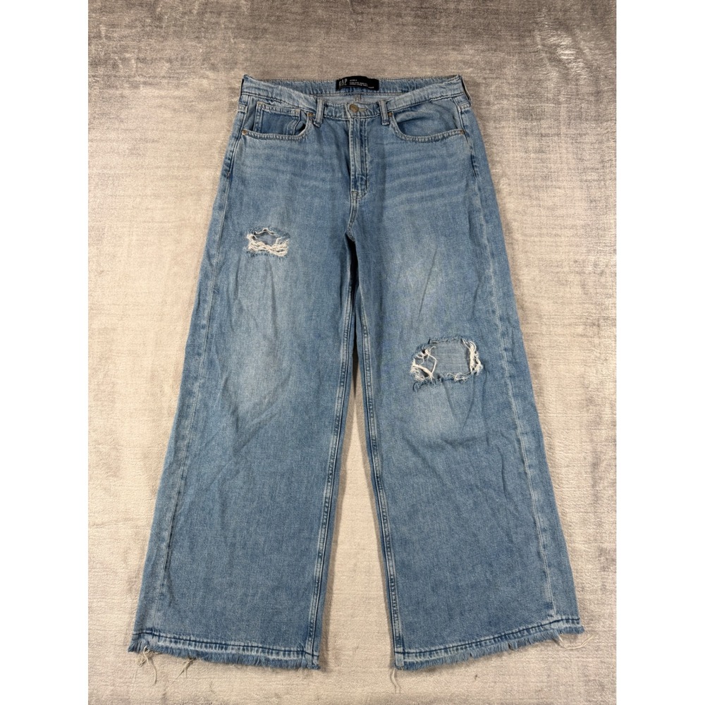 GAP Jeans Womens 12/31R Blue High Rise Wide Leg Distressed Raw Hem Baggy Denim